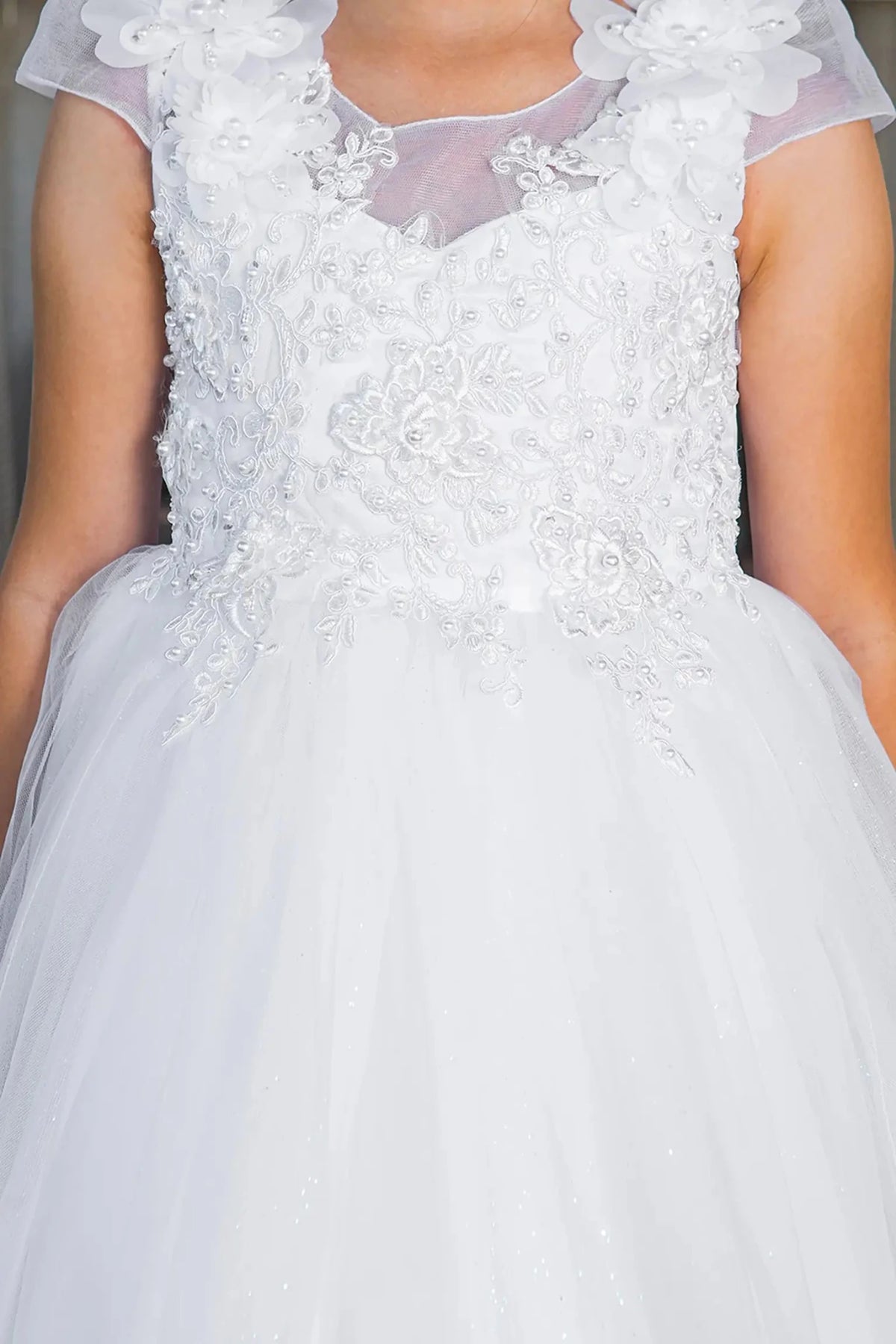 Full-length view highlights Kid White T-Length flower girl dress with Crystal Tulle Cap Sleeve. Also suitable as a communion dress.