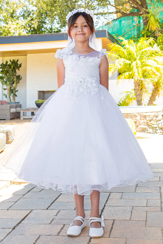 White communion dress with an illusion lace neckline and full tulle skirt.