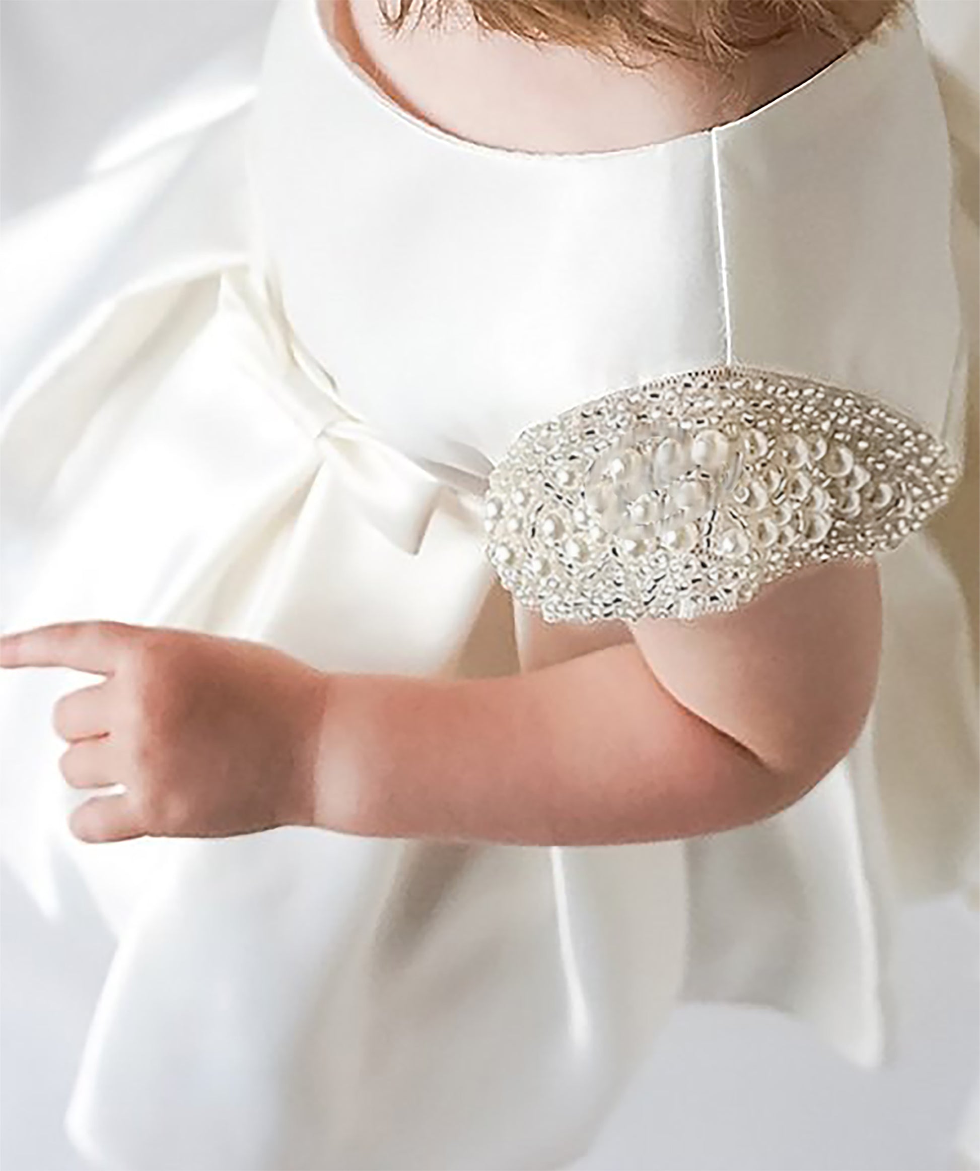 Ivory Flower Girl Beaded Short Sleeves Dull Satin dress with Detachable Pearl Sash - detailed view of shoulder cap on dress