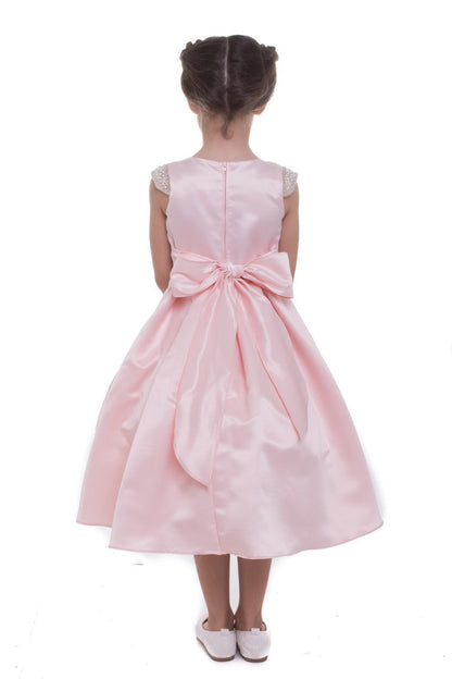 Blush Flower Girl Beaded Short Sleeves Dull Satin dress with Detachable Pearl Sash - back view of girl wearing dress