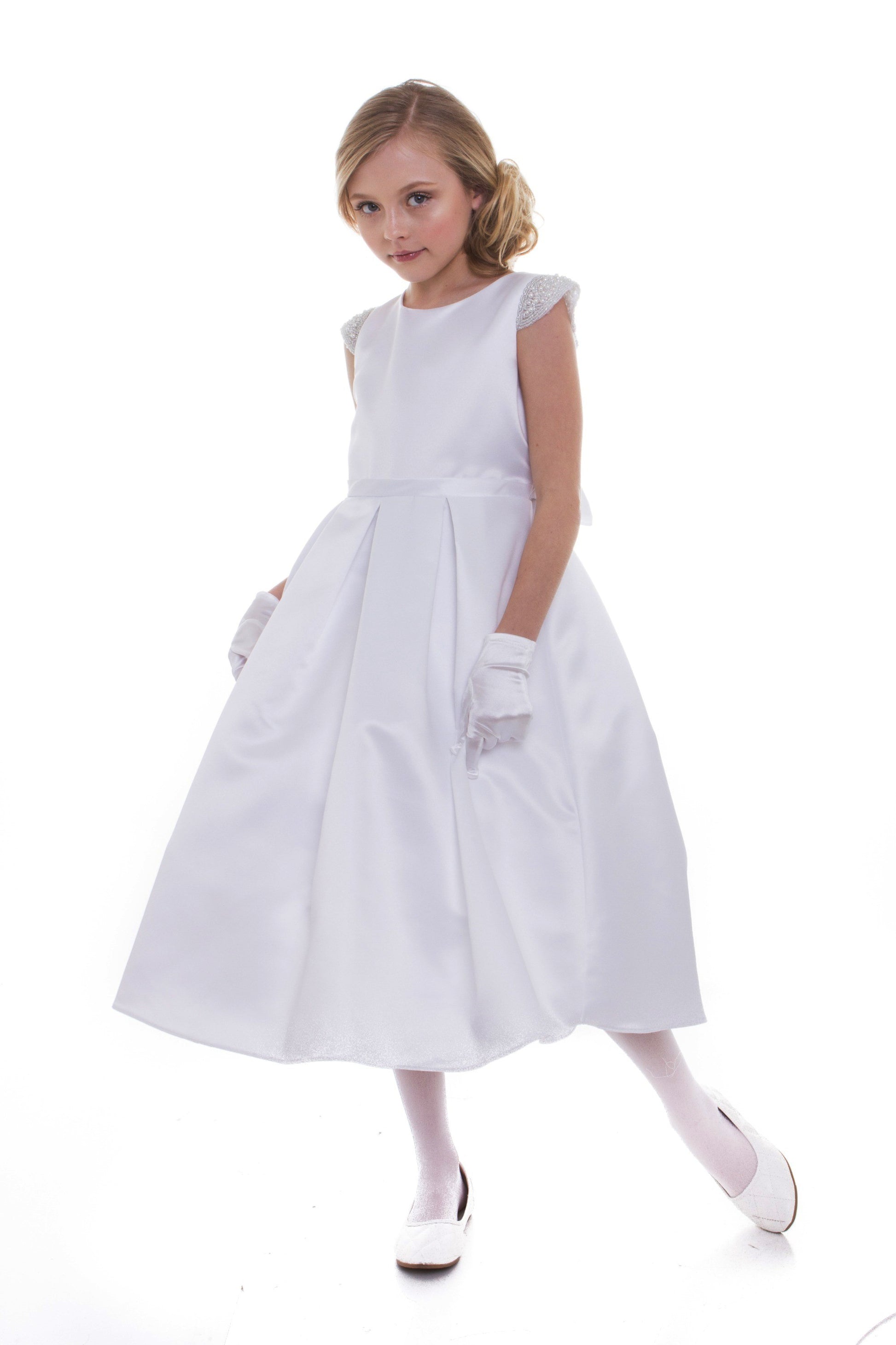 White Baptism, First Communion Flower Girl Beaded Short Sleeves Dull Satin dress with Detachable Pearl Sash - front view of girl wearing dress