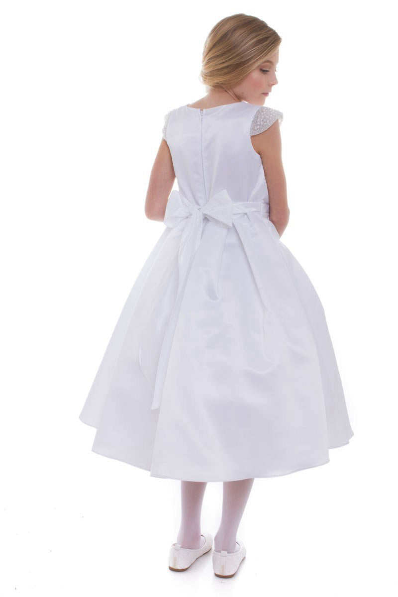 White Baptism, First Communion Flower Girl Beaded Short Sleeves Dull Satin dress with Detachable Pearl Sash - back view of girl wearing dress