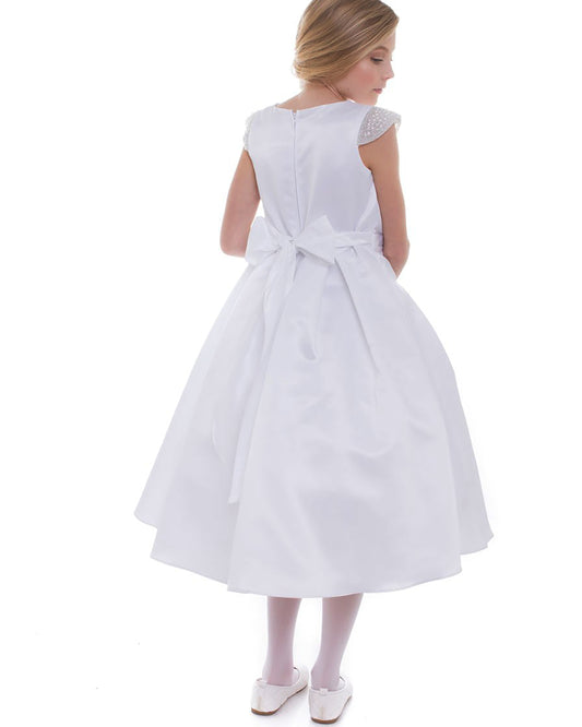 White dress with lace sleeves on a white background