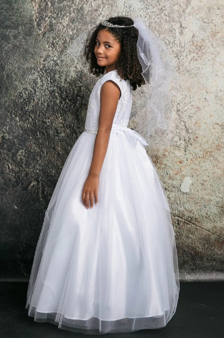 USA Made | Communion Luxurious Silk &amp; Glittery Tulle Dress with Embroidery Appliqué | Sizes 2-20 | Luna Dress side view