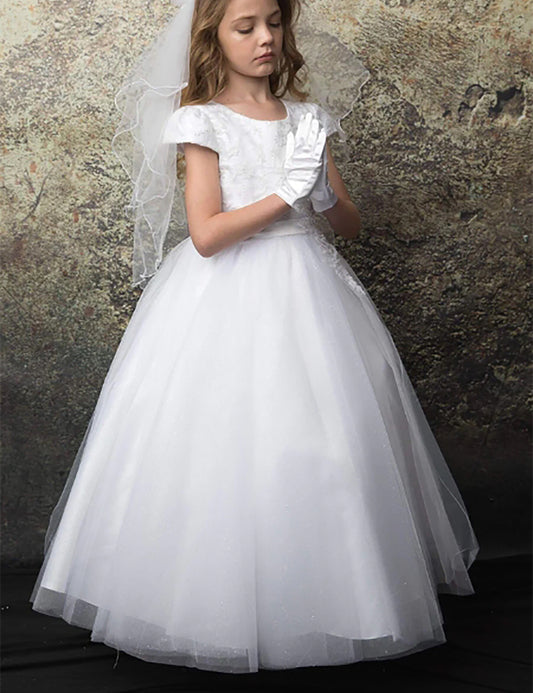 Floral Embroidered First Communion Dress | Off-White Flower Girl Dress | Cassidy Dress girl praying