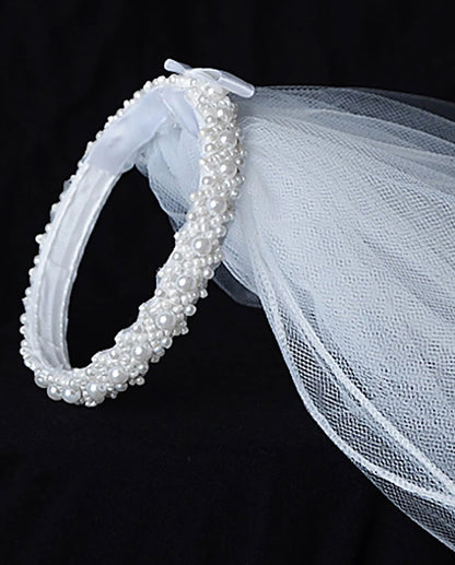 USA Made | First Communion  Pearl Bun 2-Tiered Veil pearl detail