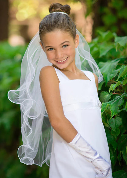 USA Made | First Communion  Pearl Bun 2-Tiered Veil front whole view