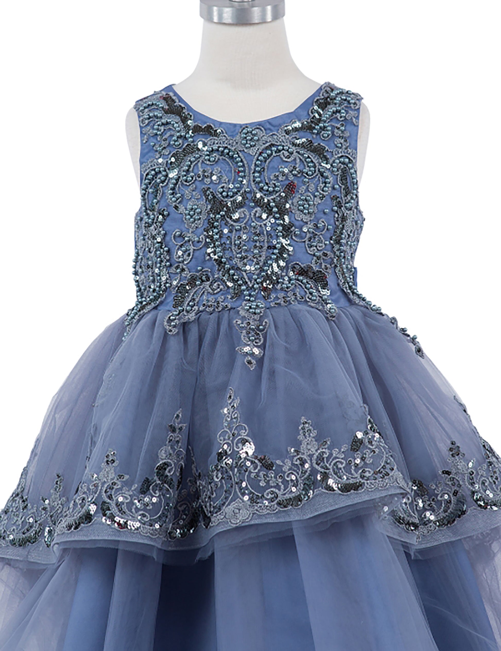 Smoky Blue Elegant 3D Pearl Beaded and Sequin Lace Flower Girl Dress | Ayla dress zoom