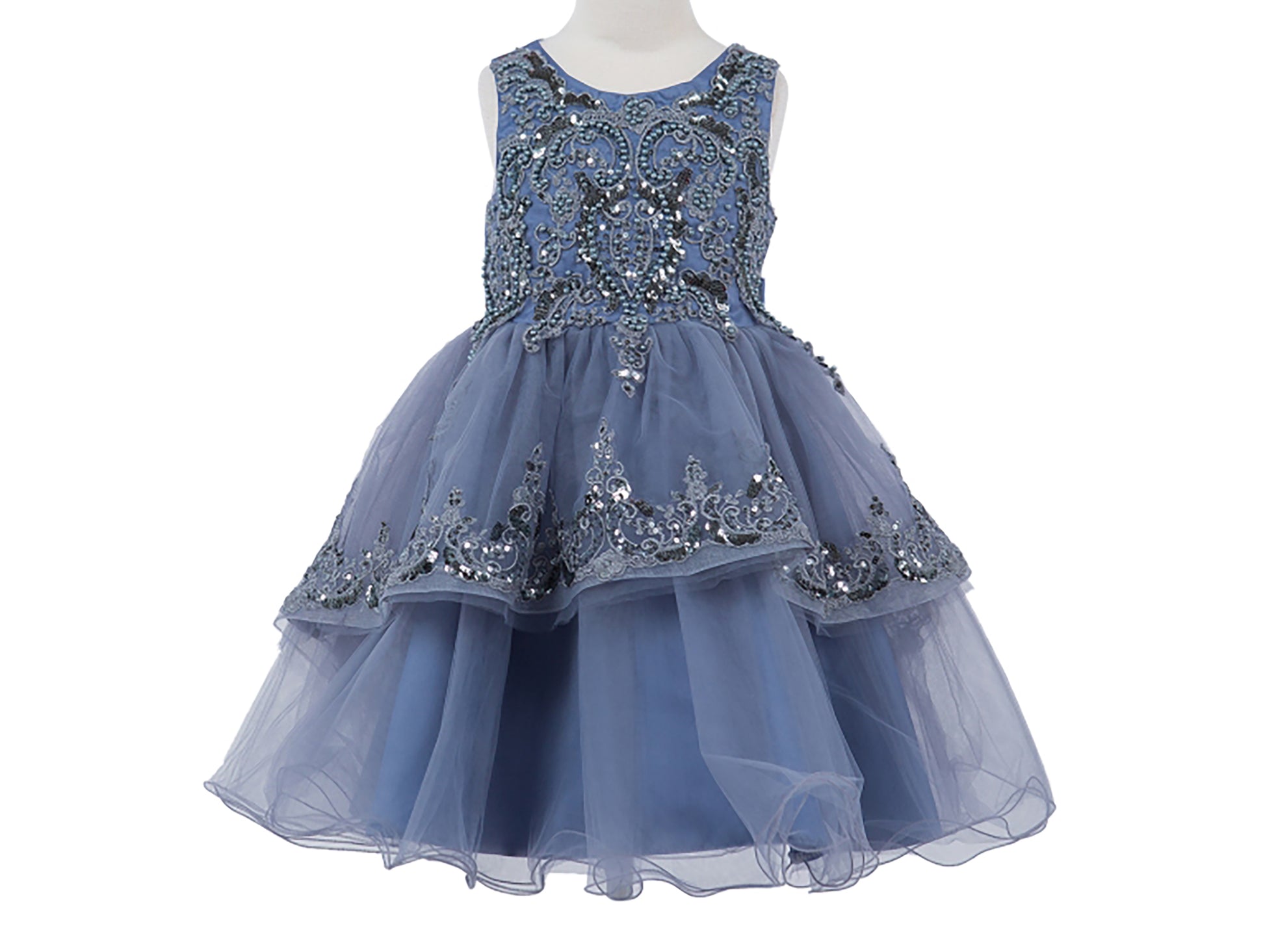 Smoky Blue Elegant 3D Pearl Beaded and Sequin Lace Flower Girl Dress | Ayla dress front