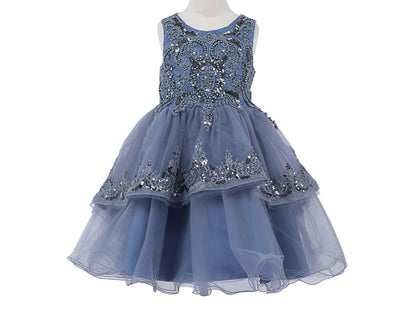 Smoky Blue Elegant 3D Pearl Beaded and Sequin Lace Flower Girl Dress | Ayla dress front