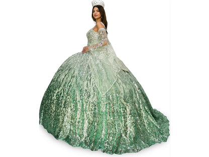 Quinceanera | Sage Crystal beaded Ombre Patterned Sequin Gown with Bell Sleeve, Beautiful Big Bow | Luciana dress  | 2 Colors Available side