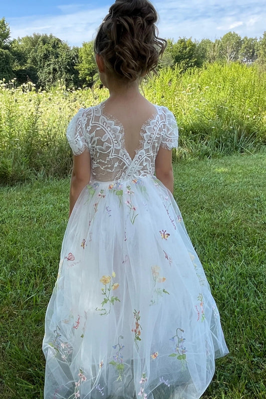 V back lace top with flower embroidered tulle flower girl dress.