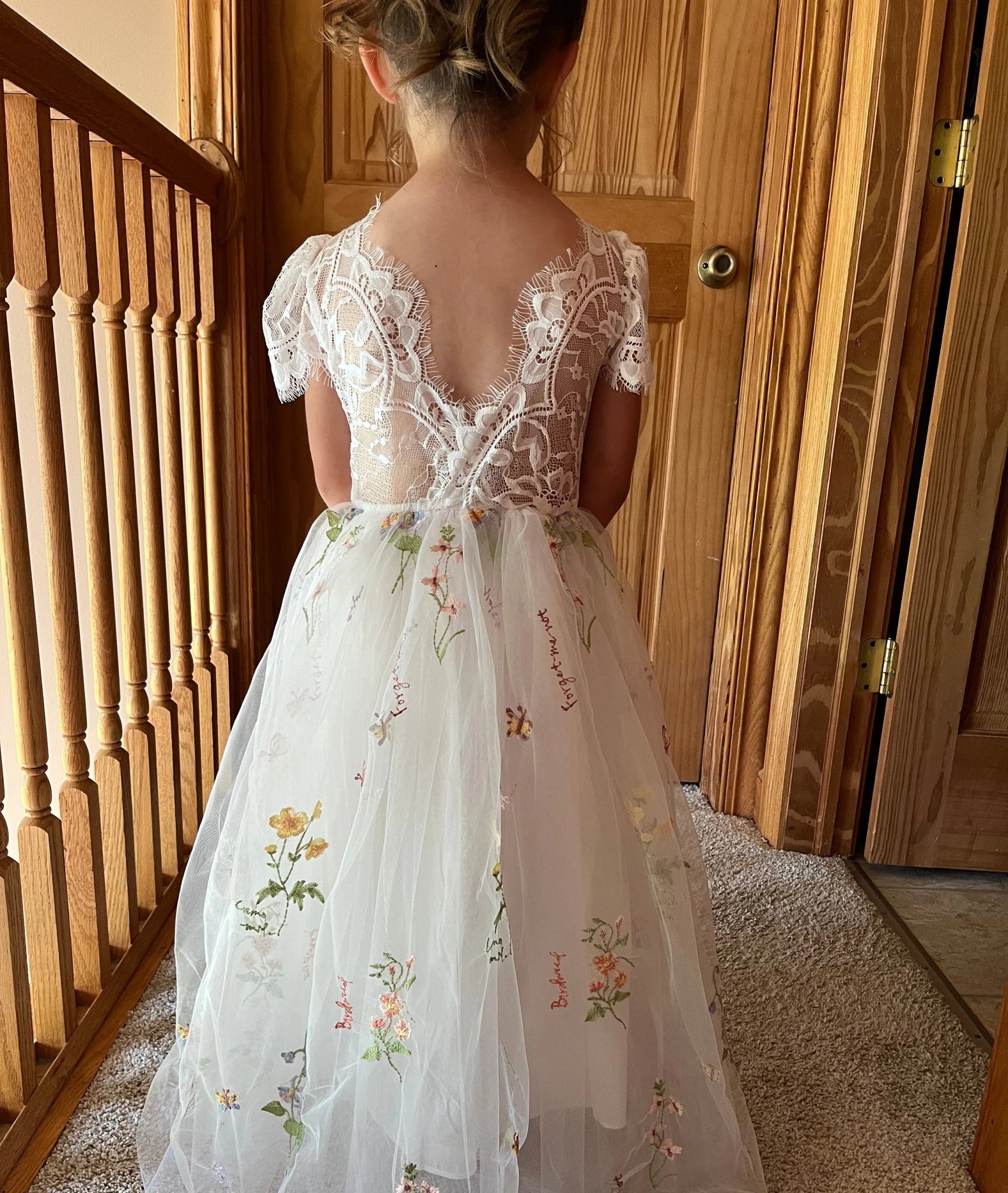 Boho flower girl Dress with Lace Bodice and Embroidered Butterfly & Floral Tulle V - Back.