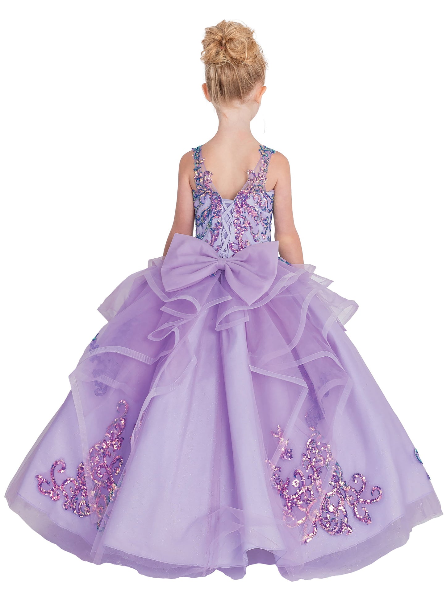 Mini Quince | Lilac Embellished Sequin Bodice Big Bow Mini Ball Gown with V-Neck, Strappy Back, and Tulle Overlay Skirt Mini Quinceañera Dress | Luna dress back view