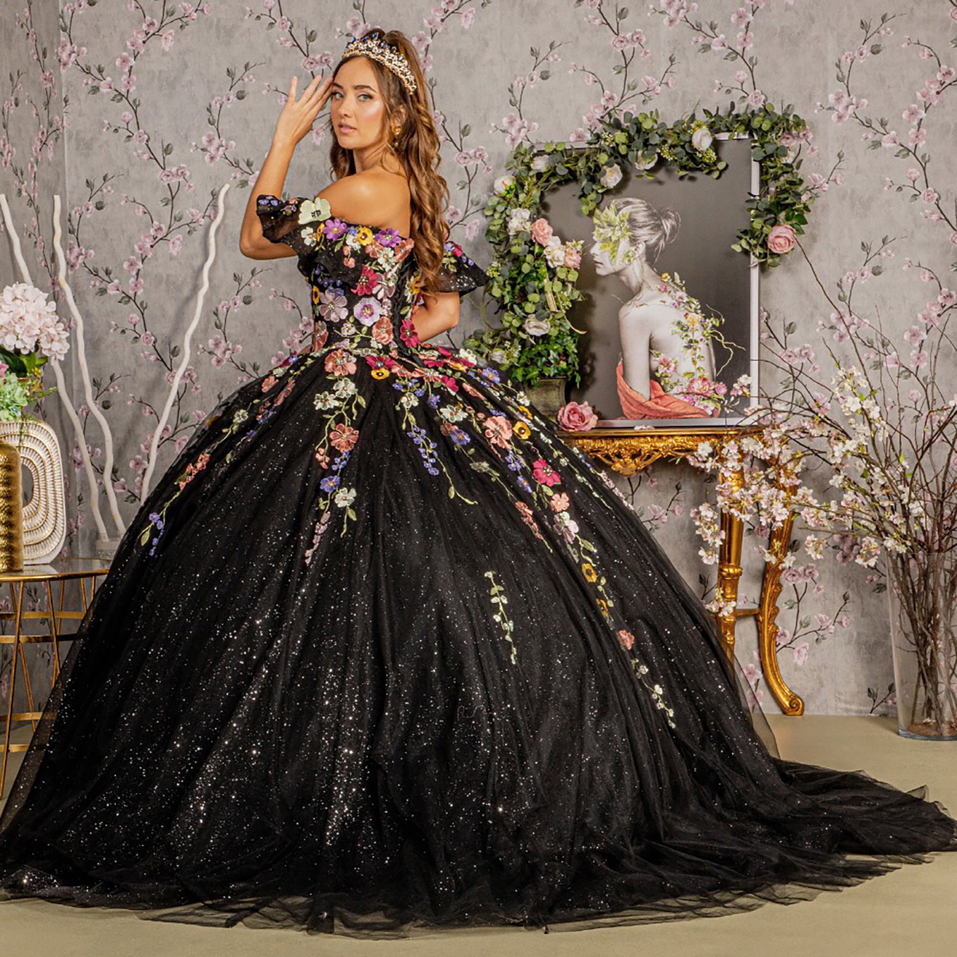Bold Black 3D Multi-Color Flower Applique Bodice Quince Ball gown L / Black Bold Black 3D Multi-Color Flower Applique Bodice Quince Ball gown L / Black