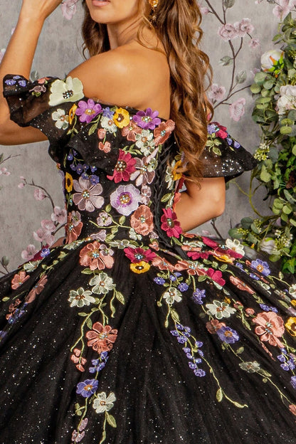 Bold Black 3D Multi-Color Flower Applique Bodice Quince Ball gown L / Black Bold Black 3D Multi-Color Flower Applique Bodice Quince Ball gown L / Black