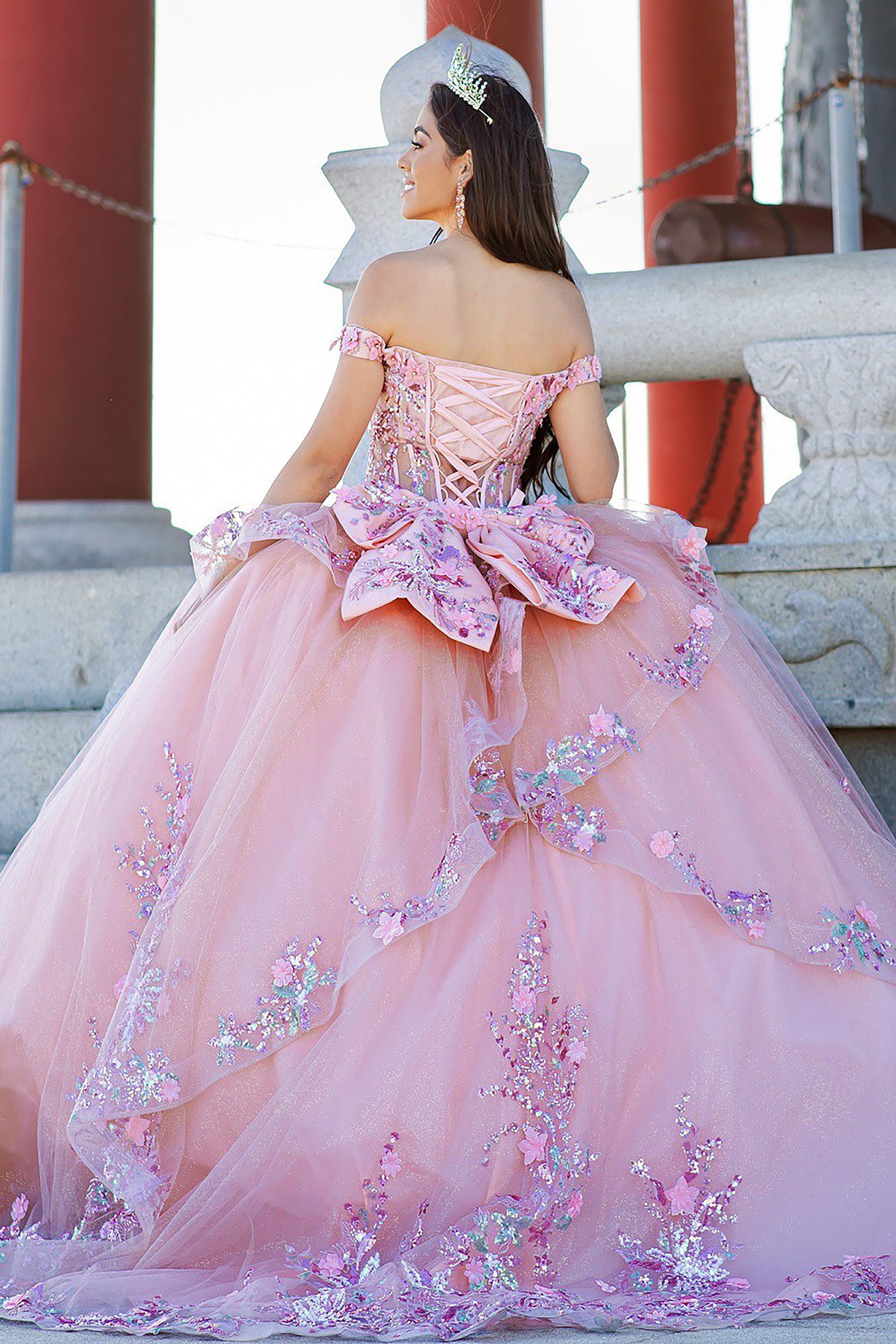 Quinceanera | Peach Blush 7-layer skirt, Off-Shoulder 3D Floral and Beaded Applique Bodice, Lace-up back and train | Samara J dress back