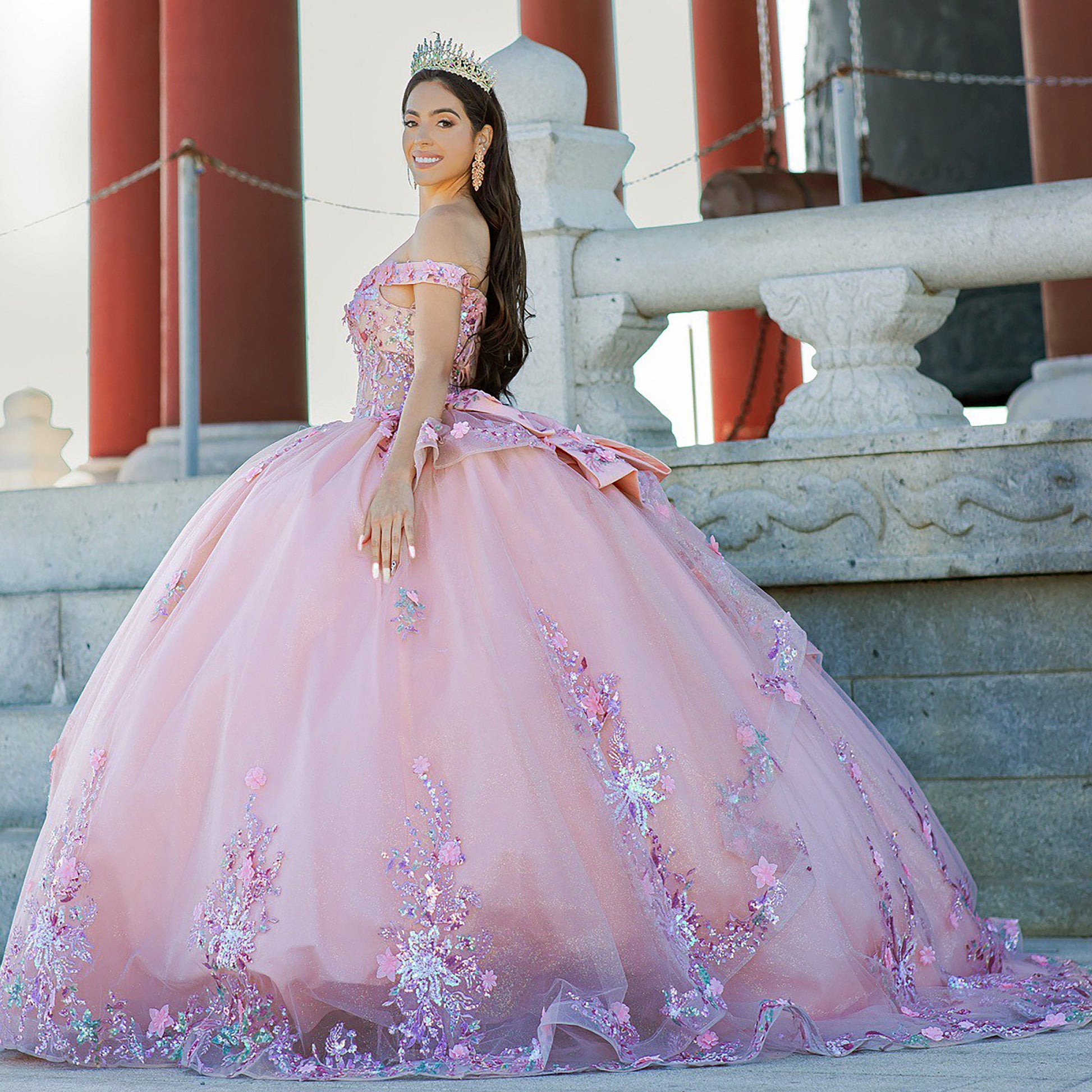 Quinceanera | Peach Blush 7-layer skirt, Off-Shoulder 3D Floral and Beaded Applique Bodice, Lace-up back and train | Samara J dress side view