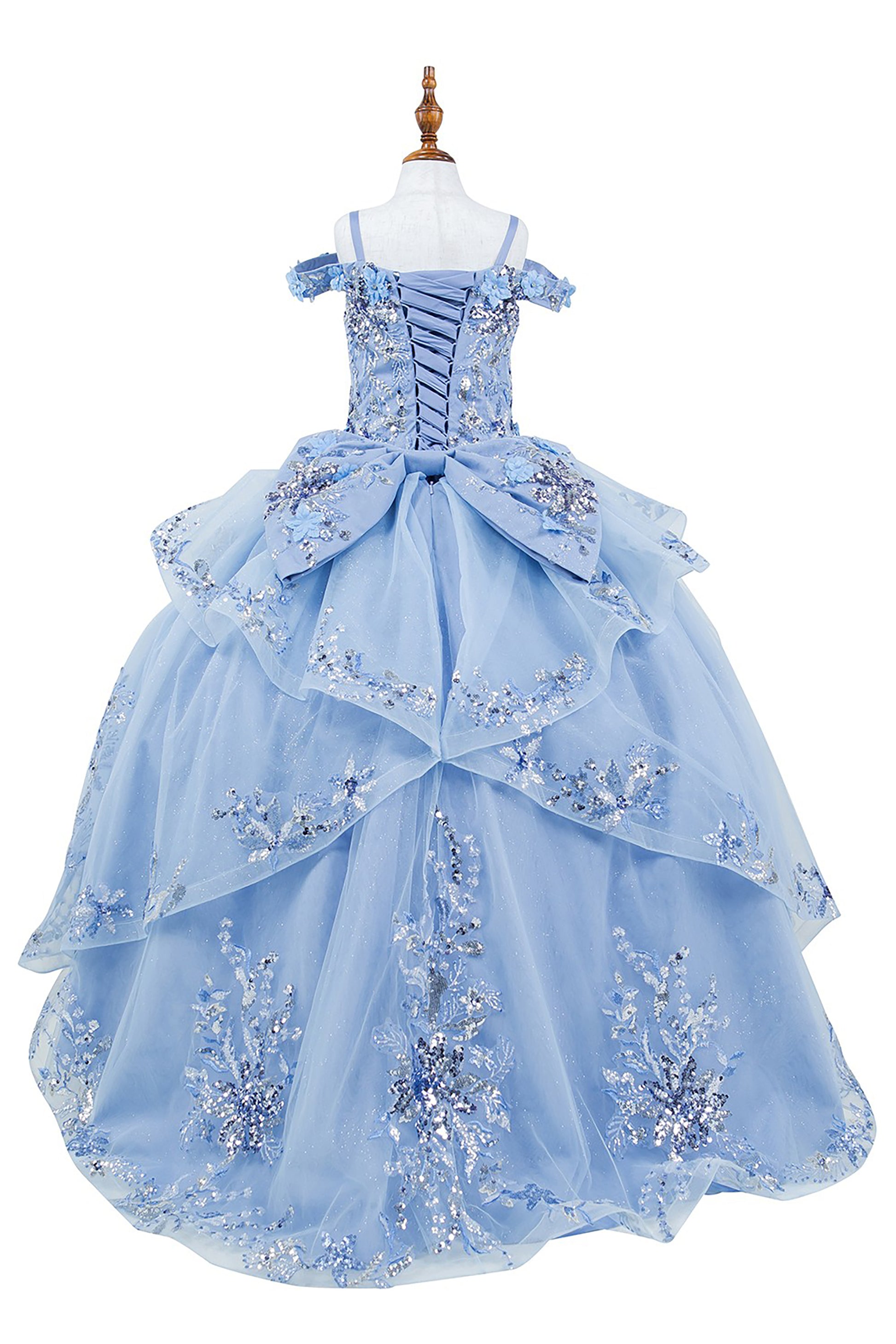 Mini Quince | Blue 3D Beaded Flowers Applique Off Shoulder Glitter Tulle with Train 3-Anos Ball Gown Mini Quinceanera Dress |  Samara dress back view