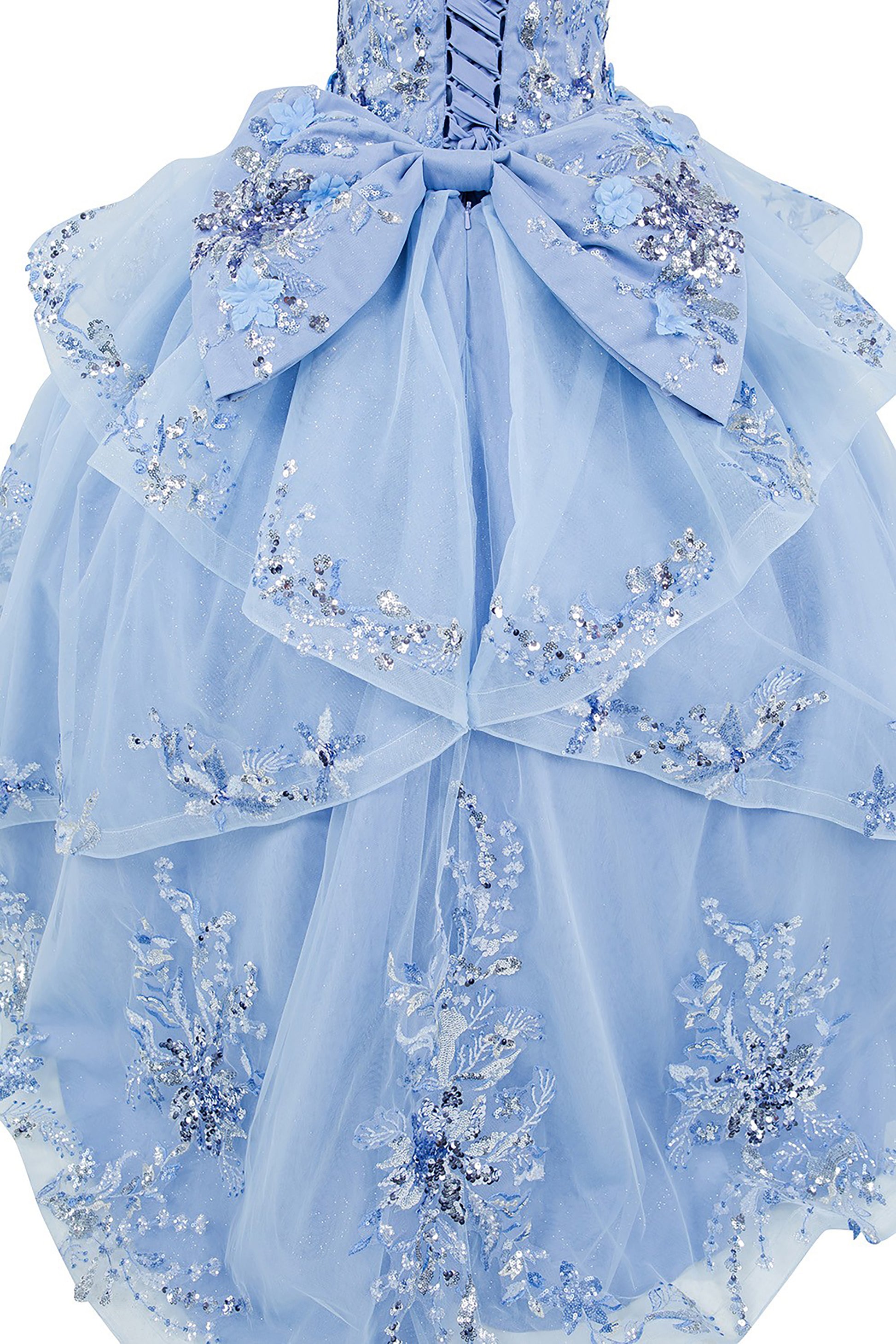 Mini Quince | Blue 3D Beaded Flowers Applique Off Shoulder Glitter Tulle with Train 3-Anos Ball Gown Mini Quinceanera Dress |  Samara dress back skirt view