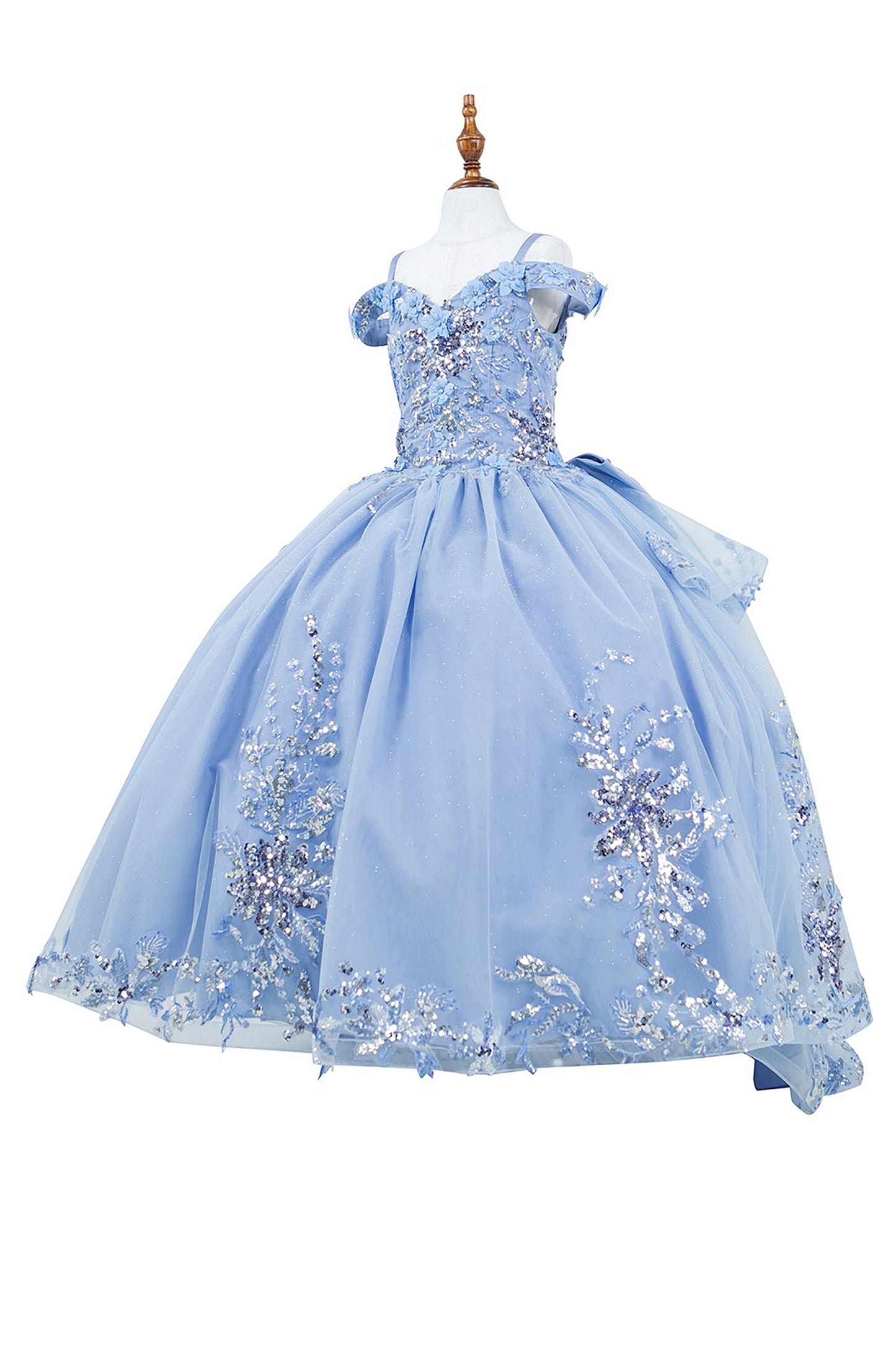 Mini Quince | Blue 3D Beaded Flowers Applique Off Shoulder Glitter Tulle with Train 3-Anos Ball Gown Mini Quinceanera Dress |  Samara dress side view