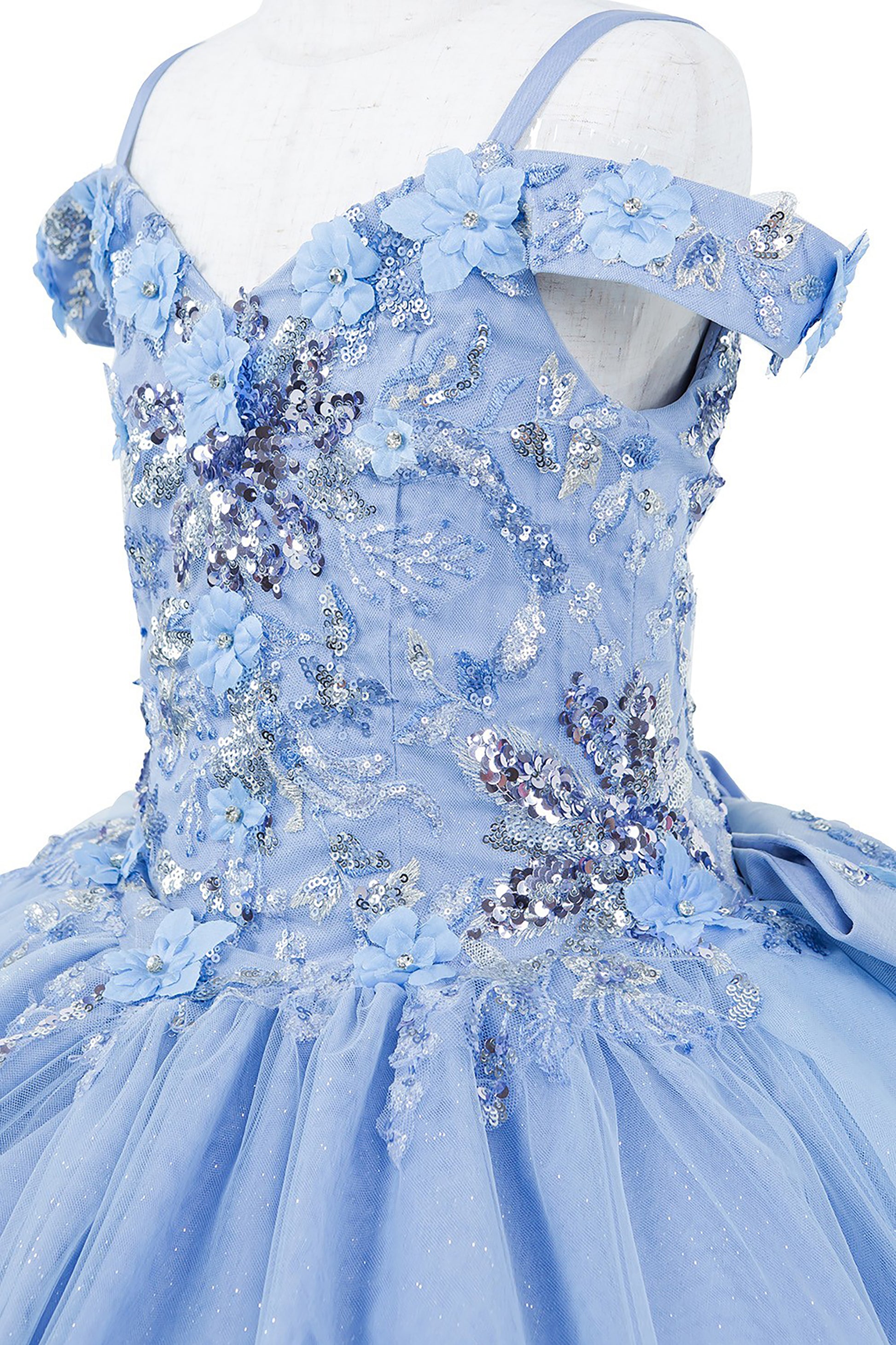 Mini Quince | Blue 3D Beaded Flowers Applique Off Shoulder Glitter Tulle with Train 3-Anos Ball Gown Mini Quinceanera Dress |  Samara dress top side view