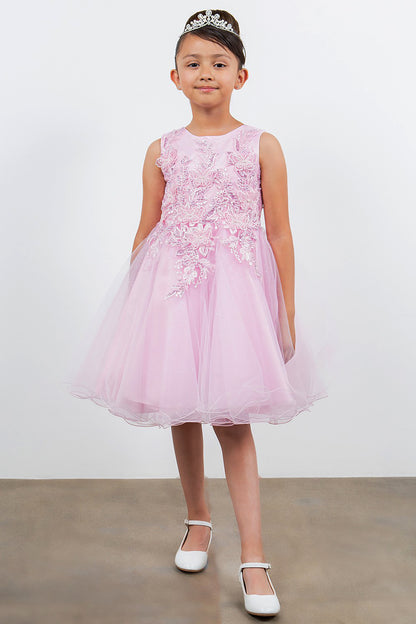 Pink | 4 Colors | Butterfly Pearl Lace with Glitter Tulle Flower Girl Dress | Kid Special Occasion Dress - front view of girl wearingd ress and crown smiling at camera