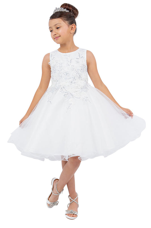 Off-White | 4 Colors | Butterfly Pearl Lace with Glitter Tulle Flower Girl Dress | Kid Special Occasion Dress - front view of gril wearing dress with crossed legs