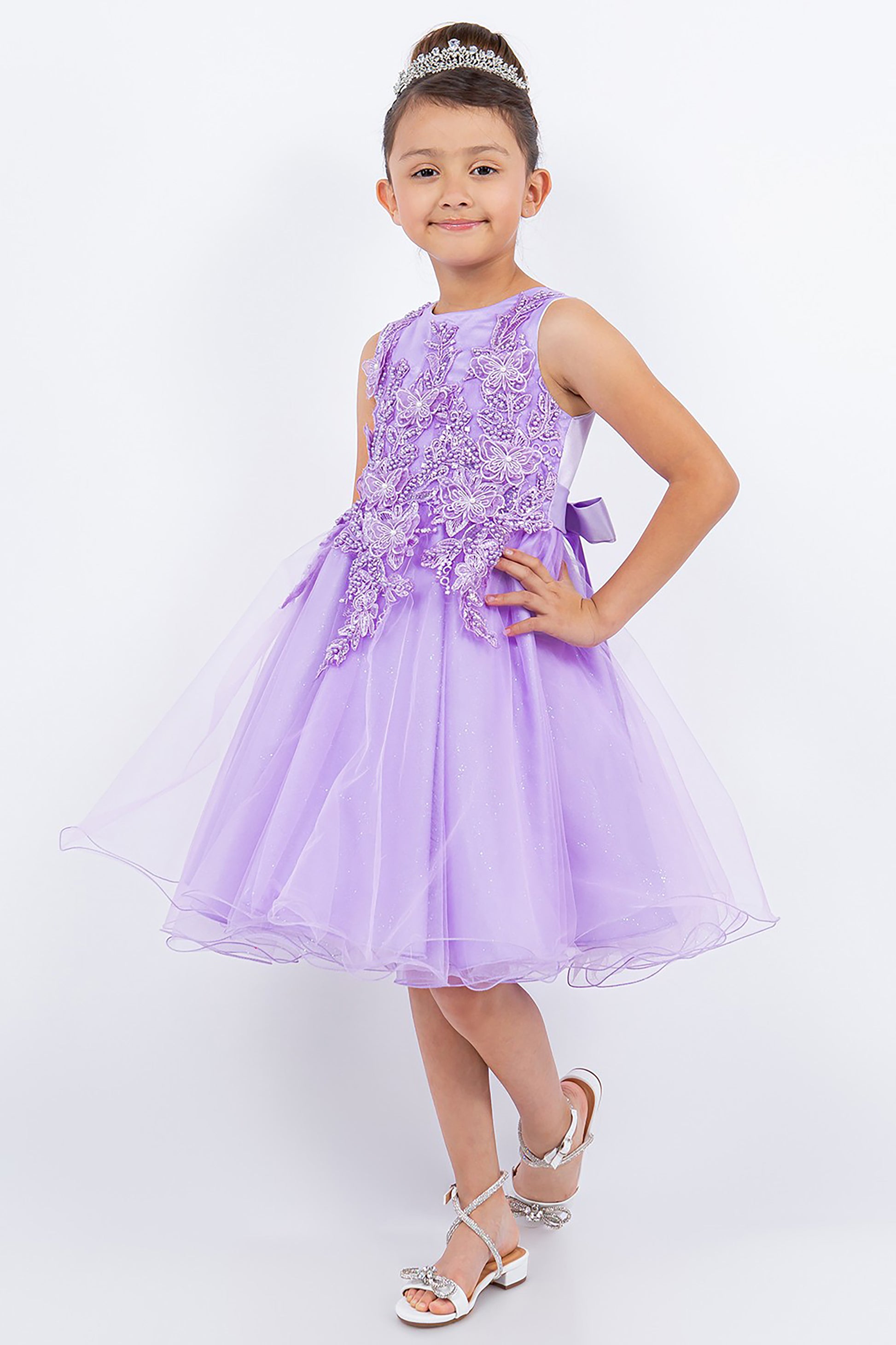 Lilac | 4 Colors | Butterfly Pearl Lace with Glitter Tulle Flower Girl Dress | Kid Special Occasion Dress - front view of girl wearing dress smiling at camera