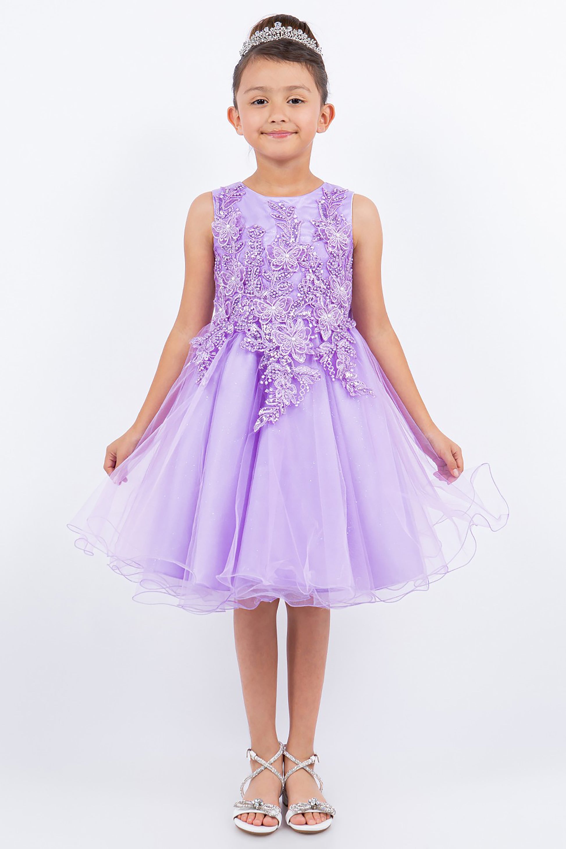 Lilac | 4 Colors | Butterfly Pearl Lace with Glitter Tulle Flower Girl Dress | Kid Special Occasion Dress - front view of girl wearing dress and crown with hands at sides