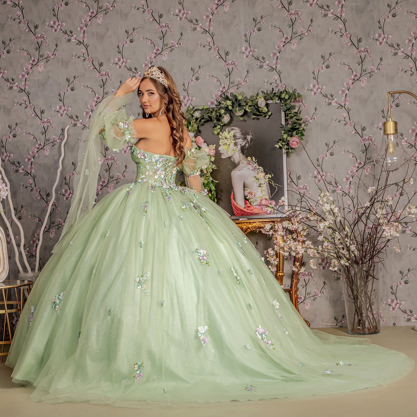 Quinceañera | Sage 3D Flower Ruched Bodice Mesh Quince Dress Ballgown with Long Puff Sleeves back view