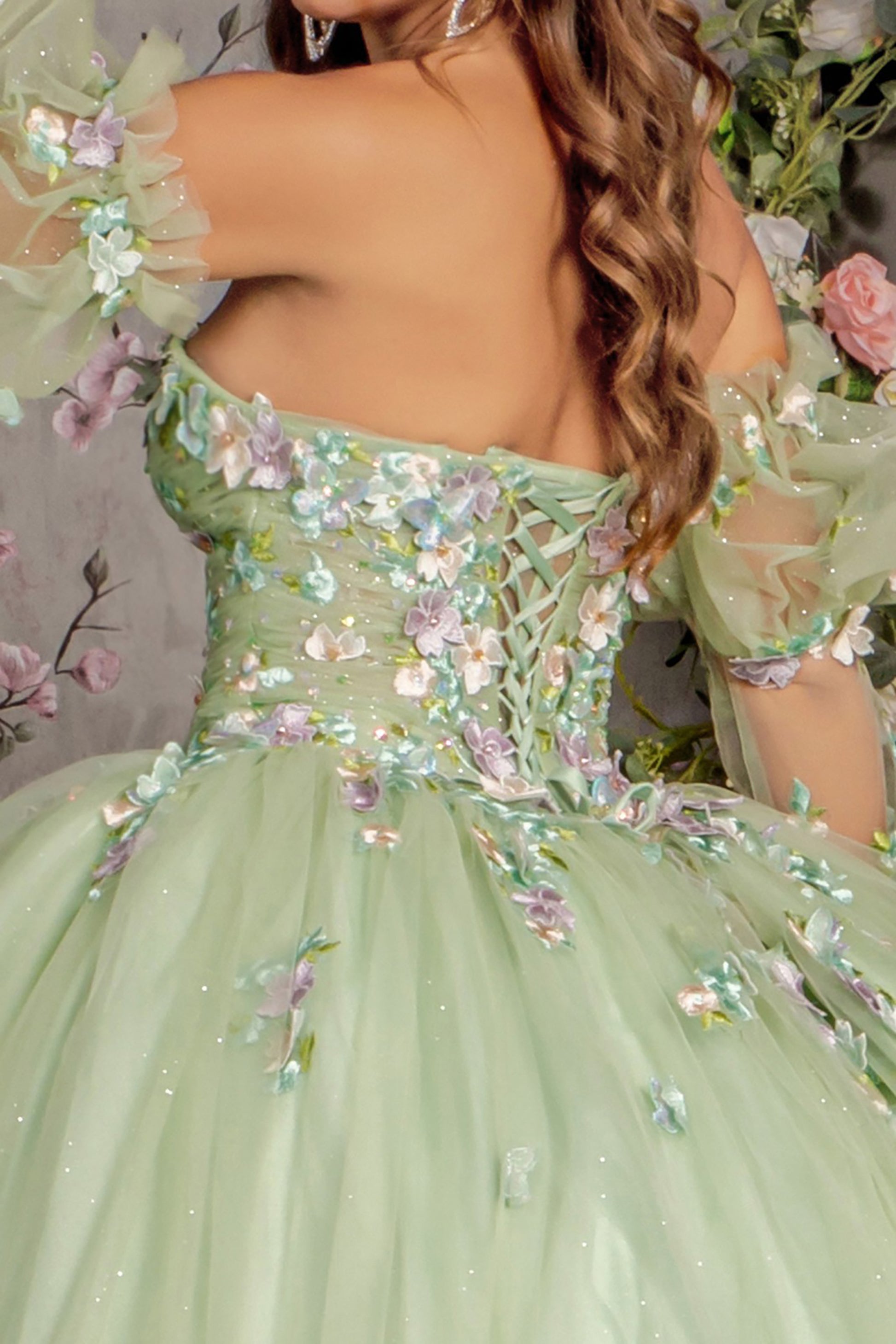 Quinceañera | Sage 3D Flower Ruched Bodice Mesh Quince Dress Ballgown with Long Puff Sleeves back zoom 