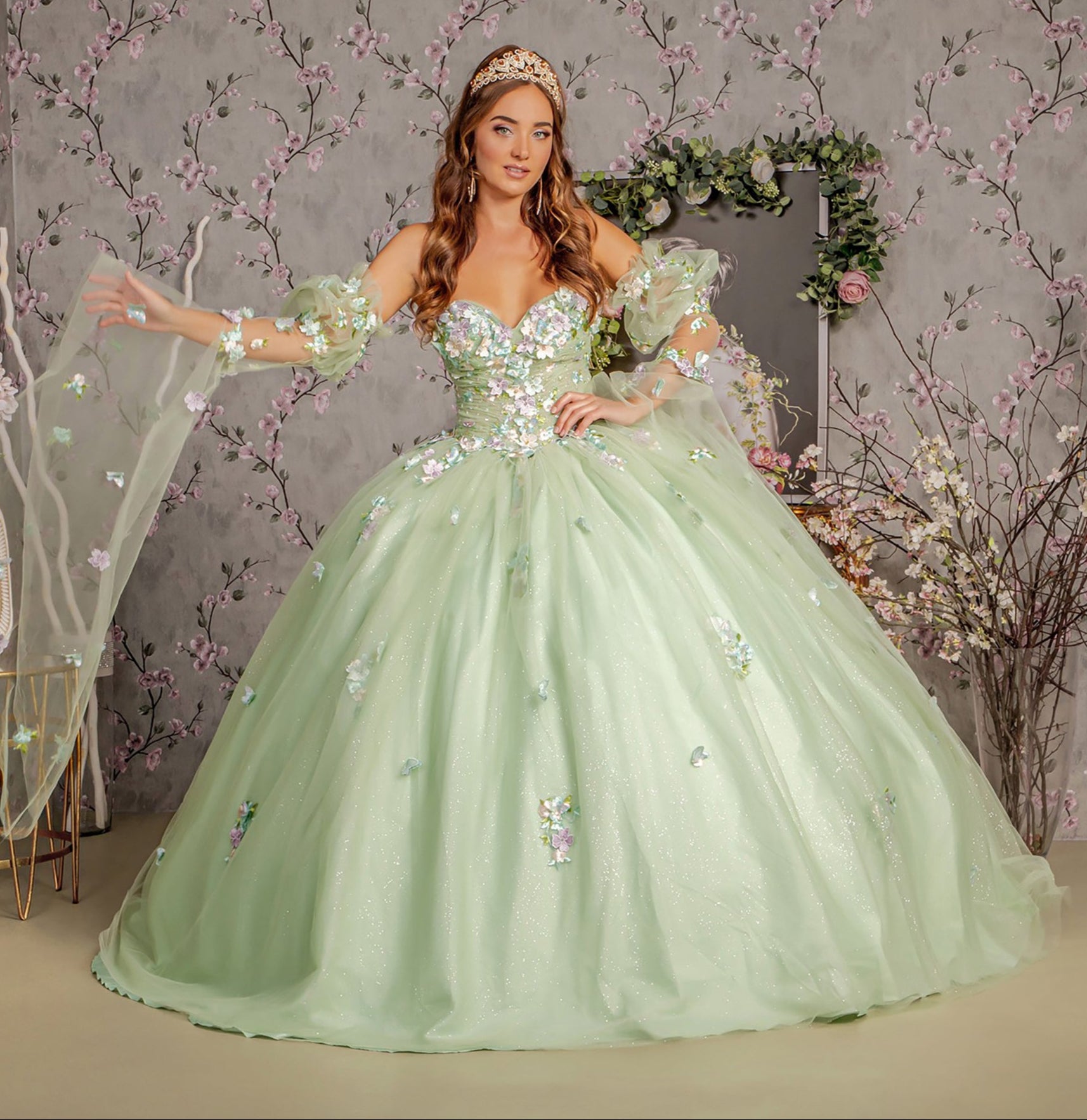 Long Quinceanera Dress 3D Flower Ball Gown - Sage / 3XL Long Quinceanera Dress 3D Flower Ball Gown - Sage / 3XL