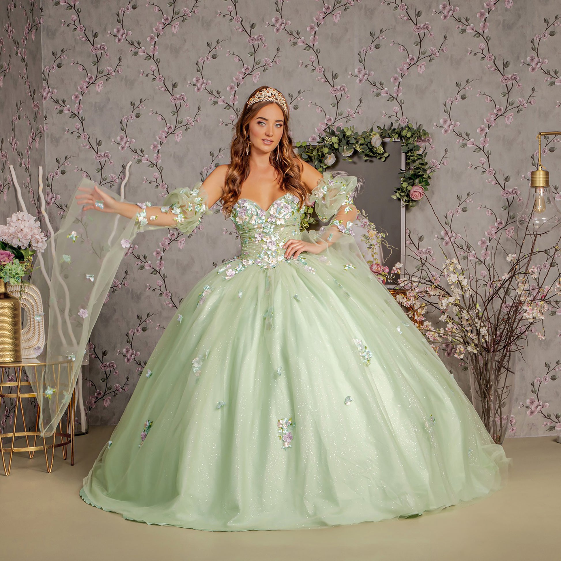 Quinceañera | Sage 3D Flower Ruched Bodice Mesh Quince Dress Ballgown with Long Puff Sleeves front view