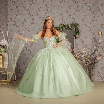 Quinceañera | Sage 3D Flower Ruched Bodice Mesh Quince Dress Ballgown with Long Puff Sleeves front view