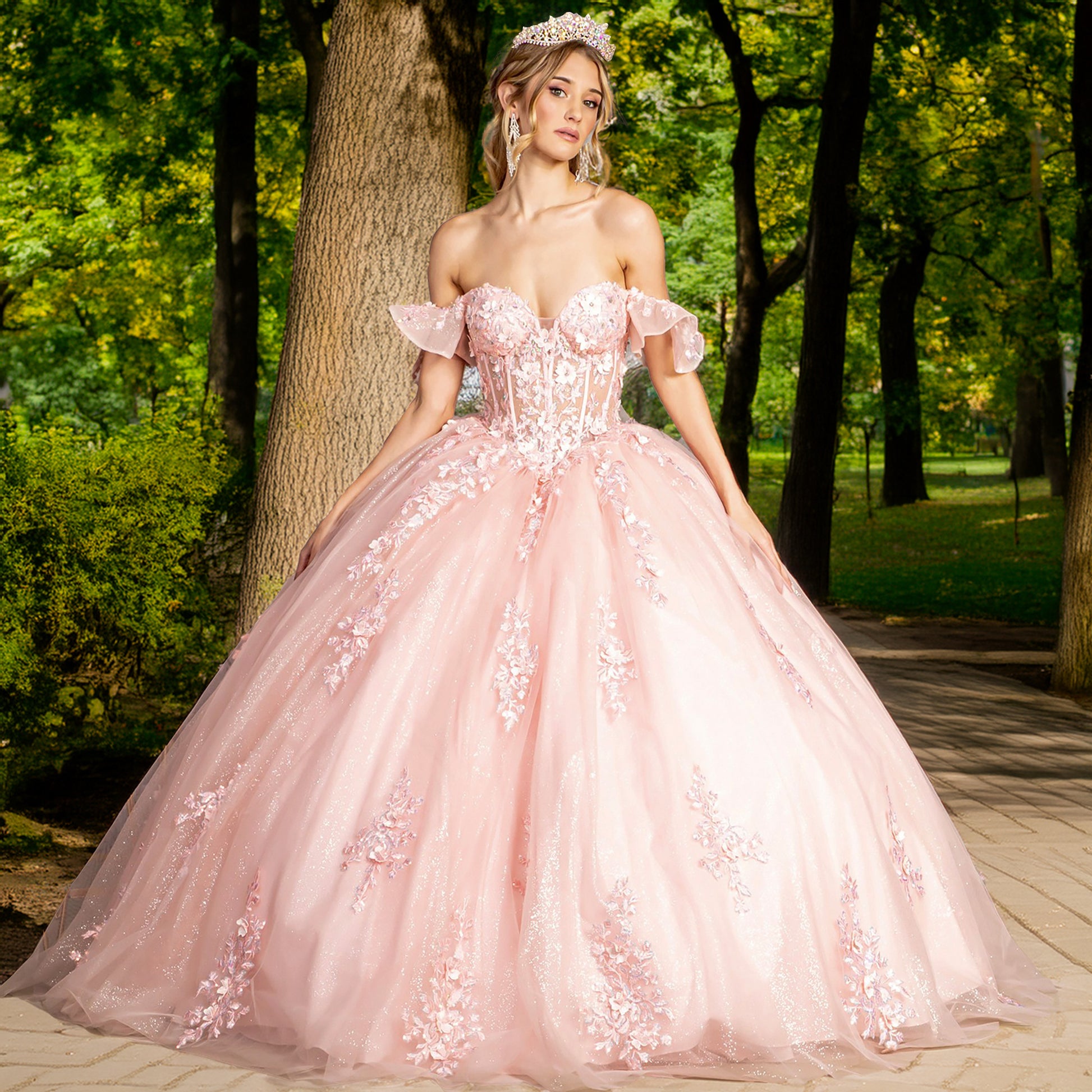 Blush Ball Gown with 3D Flowers and Illusion Sweetheart Sheer Bodice