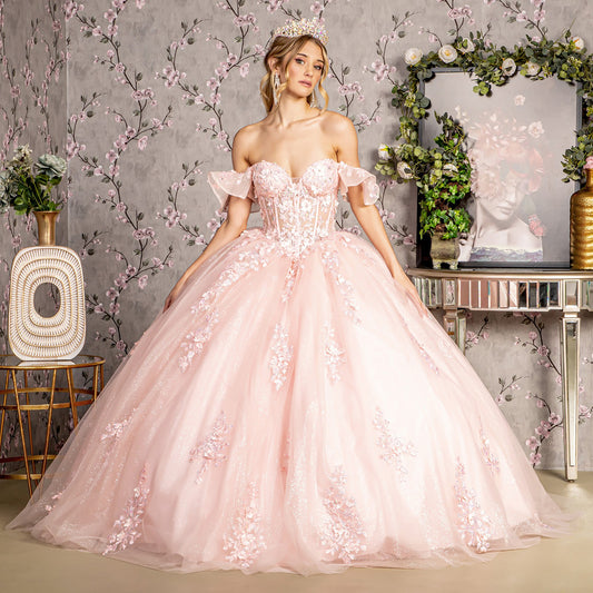 Blush 3D Flower Illusion Sweetheart Sheer Bodice Mesh Quince Dress Ballgown front view