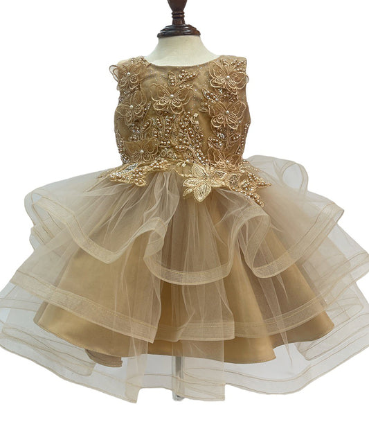 Champagne Baby Toddler Butterfly Pearl Multi-layered Tulle 1st Birthday Party Dress | Everly dress | 4 Colors Available