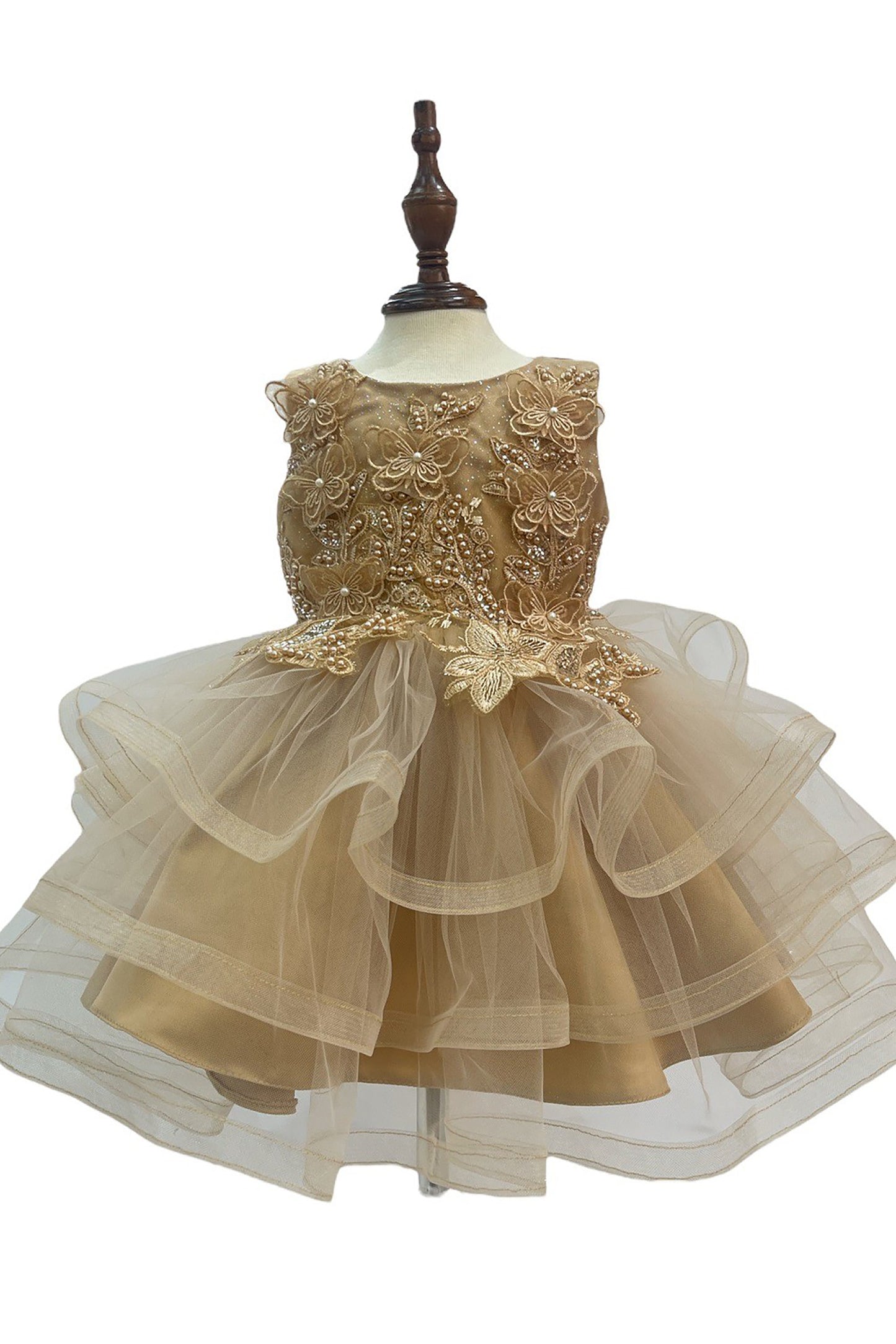 Champagne Baby Toddler Butterfly Pearl Multi-layered Tulle 1st Birthday Party Dress - front view of dress