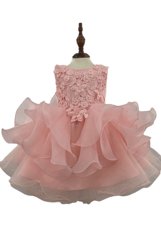 Blush Baby Multi-layered Tulle Adorned with Pearls and Sequin Floral 1st Birthday Party Dress - front view of dress