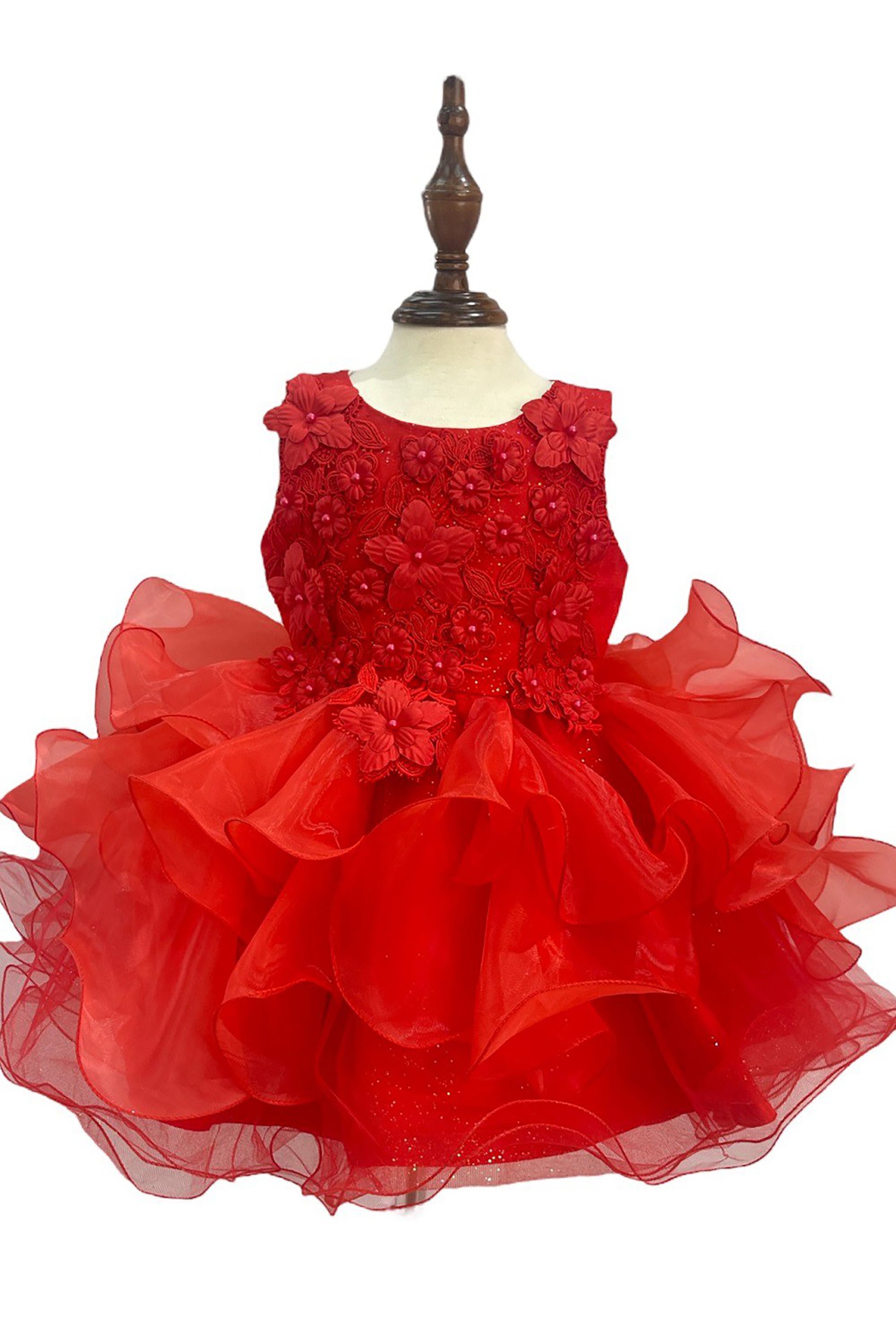 Red Baby Multi-layered Tulle Adorned with Pearls and Sequin Floral 1st Birthday Party Dress | Special Occasion Toddler Dress - front view of dress