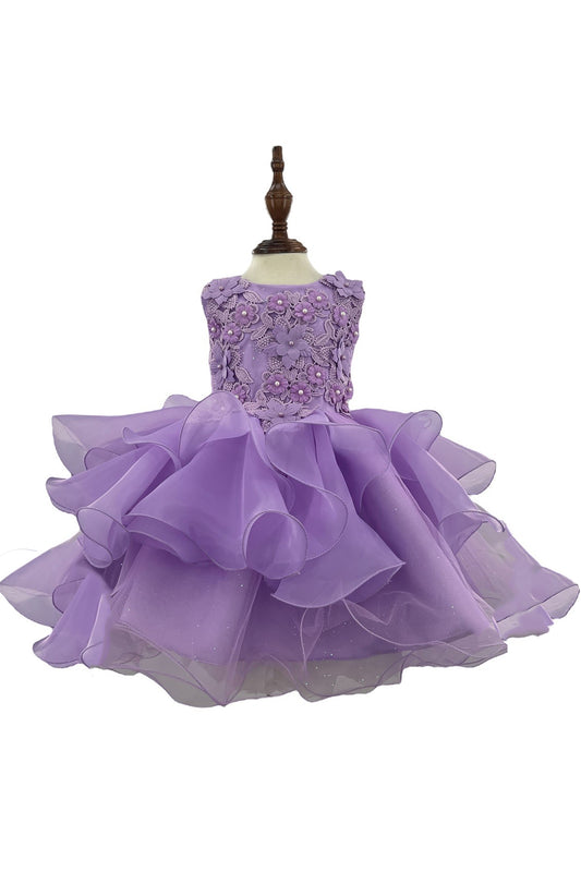 Lilac Baby Multi-layered Tulle Adorned with Pearls and Sequin Floral 1st Birthday Party Dress | Special Occasion Toddler Dress - front view of dress