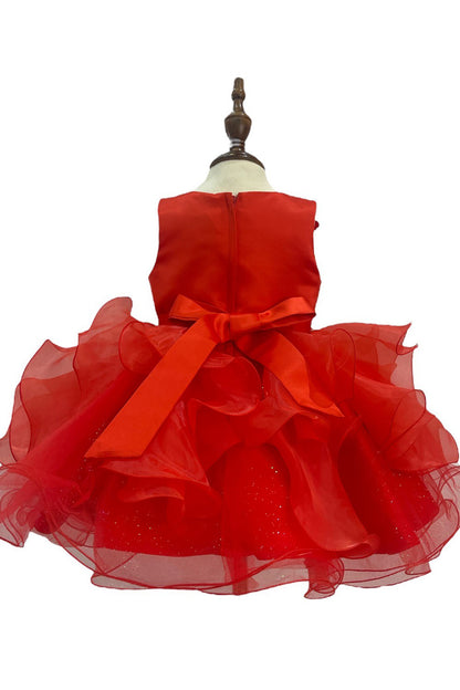 Red Baby Multi-layered Tulle Adorned with Pearls and Sequin Floral 1st Birthday Party Dress | Special Occasion Toddler Dress - back view of dress