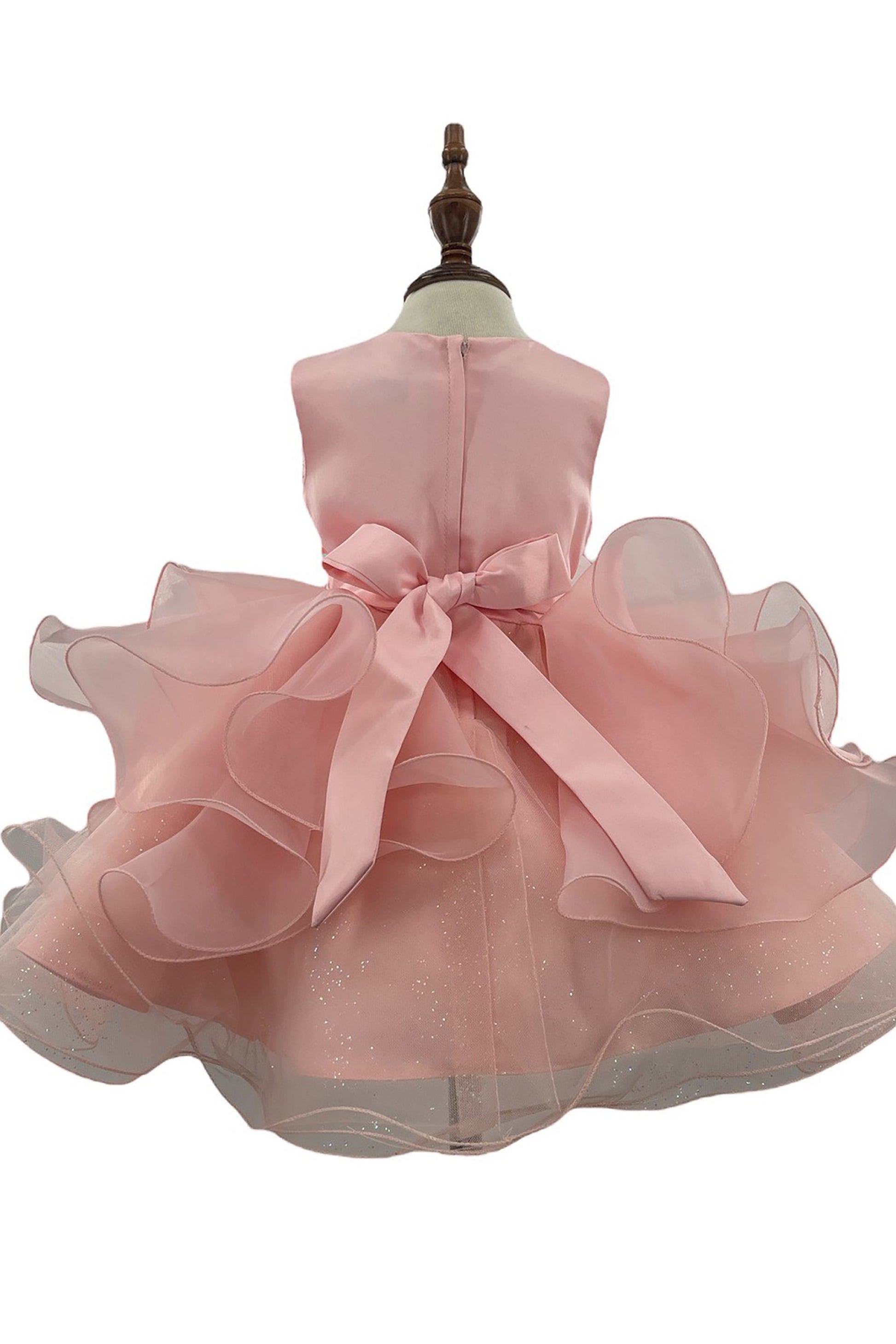 Blush Baby Multi-layered Tulle Adorned with Pearls and Sequin Floral 1st Birthday Party Dress - back view of dress and bow