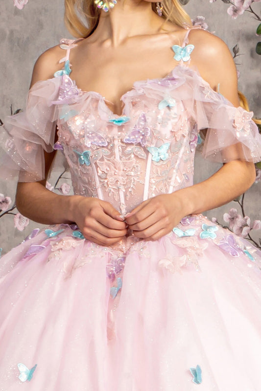 Pink 3D Butterfly Embellished Glitter Mesh Ball Gown with Ruffled Sweetheart Bodice – Front Close-Up