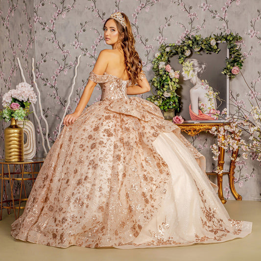 Gold Champagne Metallic 3D Flower Off Shoulder Mesh Ball Gown w/ Ruffled Back whole back view