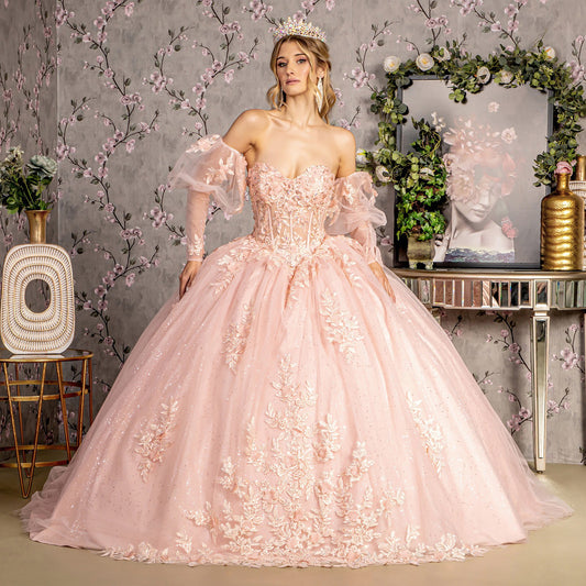 Quinceañera | Blush Glitter Embroidery Sheer Bodice Mesh Ball Gown with Detachable Long Puff Sleeves | Plus Size Available front view