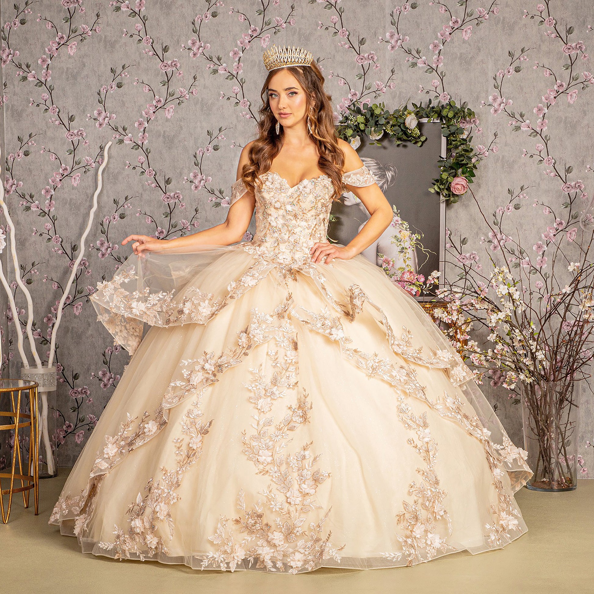 Champagne Jewel Sequin Sweetheart Off Shoulder Mesh Ball Gown Quince Dress