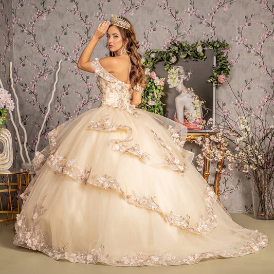 Champagne Jewel Sequin Sweetheart Off Shoulder Mesh Ball Gown Quince Dress Side view