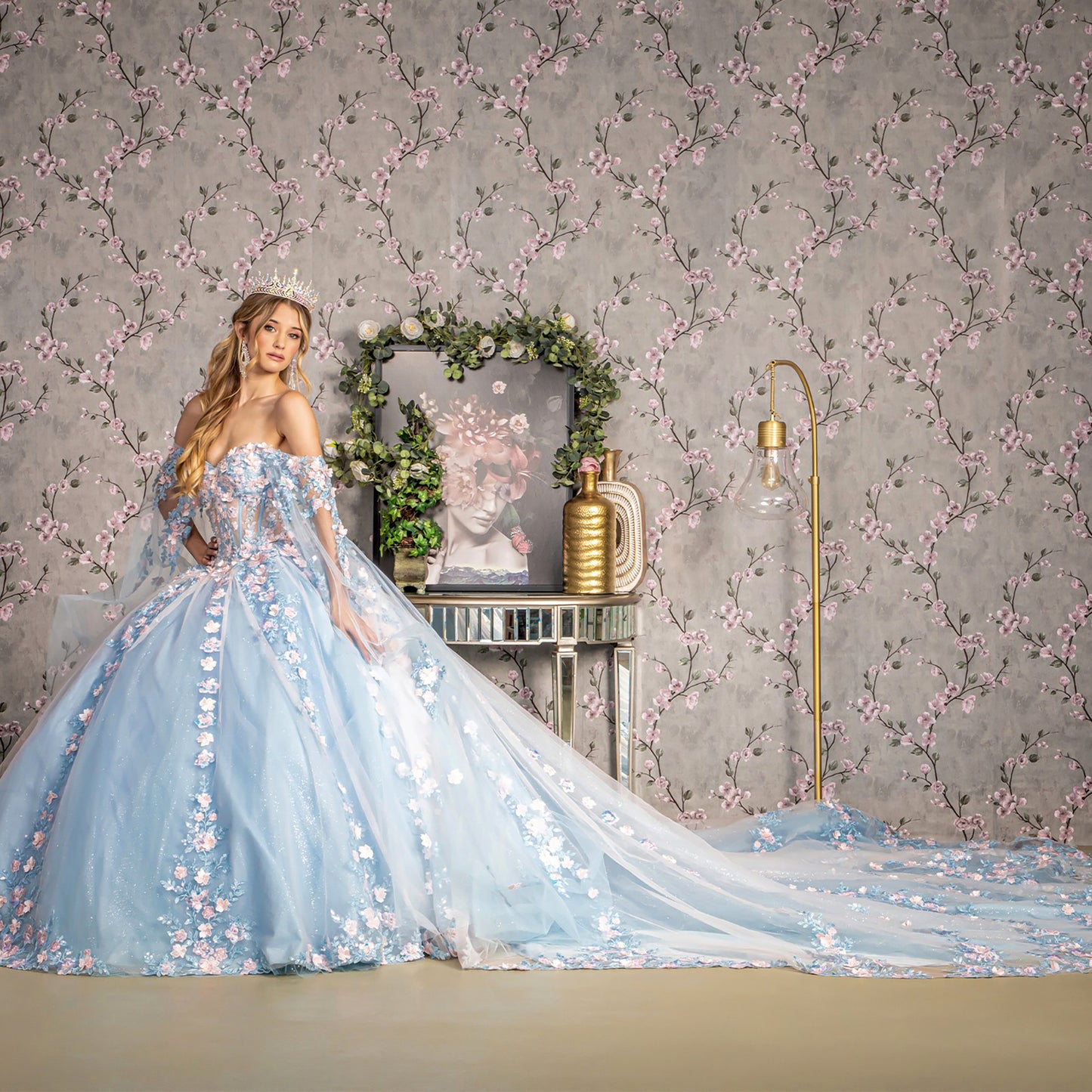 Sky Blue 3D Flower Sheer Bodice Mesh Long Train Quince Dress Ball Gown with Side Mesh Long Drapes whole side view